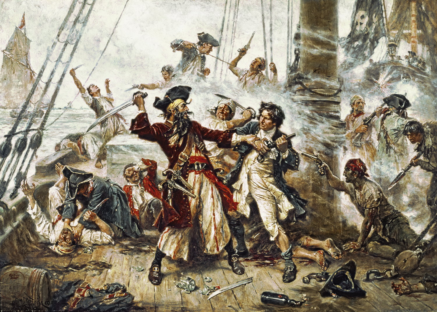 The Capture of the Pirate Blackbeard in 1718 (colour litho)